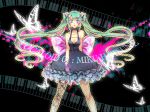  aqua_eyes aqua_hair bare_shoulders blue_eyes bow butterfly butterfly_wings choker dress fishnet_pantyhose fishnets floating_hair gloves green_hair hatsune_miku heart instrument keyboard_(instrument) large_bow long_hair mismatched_legwear paint_splatter pantyhose solo star tattoo twintails very_long_hair vocaloid wings yuh 