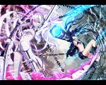  bikini_top black_hair black_rock_shooter black_rock_shooter_(character) black_rock_shooter_(game) blue_eyes boots chain chains coat glowing glowing_eyes highres letterboxed long_hair midriff multiple_girls navel open_mouth paparins purple_eyes scar scythe shorts smile twintails violet_eyes white_hair white_rock_shooter 