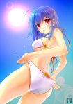  adjusting_swimsuit ahoge bikini blue_hair breasts c-a-d from_below lens_flare nuna_(c-a-d) original red_eyes sideboob solo sun swimsuit tongue 