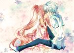  blue_hair cherry_blossoms hatsune_mikuo long_hair male pink_hair sakura_miku short_hair snow twintails vocaloid 