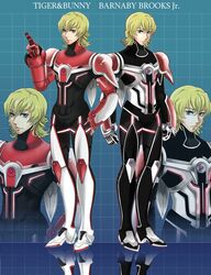  bad_id barnaby_brooks_jr blonde_hair boy boys dark_persona green_eyes highres jaku_711 male multiple_boys neon_trim power_armor power_suit reflection spoilers superhero tiger_&amp;_bunny 