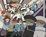  1girl 5boys baseball_bat baseball_cap black_hair brown_hair cheren_(pokemon) closed_eyes electricity eyes_closed from_behind geodude glasses grey_hair hat jumping kudari_(pokemon) lead_pipe long_hair midair multiple_boys n_(pokemon) nail nail_bat nobori_(pokemon) pokemon pokemon_(creature) pokemon_(game) pokemon_black_and_white pokemon_bw sei_(shinkai_parallel) subway touko_(pokemon) touya_(pokemon) tympole uniform voltorb weapon 