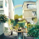  brown_hair building cat chainlink_fence clothesline fence flower laundry original plant potted_plant rainbow scenery solo standing water yuuko_(nora0x0) 