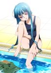  :p barefoot blue_hair box face feet highres long_hair naughty_face one-piece_swimsuit original pool poolside red_eyes school_swimsuit solo swimsuit tongue wet yodobashi_yuo 