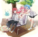  2girls ahoge aoi_(houkago_no_pleiades) bench bike_shorts black_legwear blue_eyes blue_hair eihi feet_in_water food fruit glasses houkago_no_pleiades minato_(houkago_no_pleiades) multiple_girls necktie park_bench pink_hair pleiadean red_eyes red_hair redhead reverse_trap school_uniform shoes shoes_removed short_hair sitting sneakers soaking_feet subaru_(houkago_no_pleiades) thigh-highs thighhighs tree uwabaki washpan water watermelon 