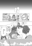  blush caught closed_eyes comic dress embarrassed eyes_closed hashida_itaru hat labcoat long_hair makise_kurisu miya_(hooooo) monochrome okabe_rintarou petting shiina_mayuri short_dress short_hair sitting smile steins;gate translated translation_request 