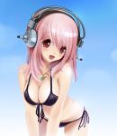 bikini blush breasts cleavage front-tie_top headphones hiroki_shin jewelry large_breasts long_hair necklace nitroplus open_mouth pendant pink_hair red_eyes side-tie_bikini solo sonico strap_gap super_sonico swimsuit 