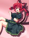  1girl :3 animal_ears bad_id bow braid cat_ears cat_tail dress extra_ears fang hair_bow highres kaenbyou_rin kuromari_(runia) multiple_tails open_mouth paw_pose red_eyes red_hair redhead solo tail touhou twin_braids twintails 