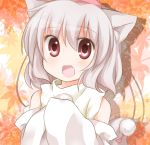  :d animal_ears bad_id bust daitirumoesu detached_sleeves fang hands_in_sleeves hat inubashiri_momiji leaf leaf_background maple_leaf open_mouth red_eyes short_hair smile solo tail tokin_hat touhou white_hair wolf_ears wolf_tail 
