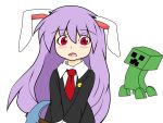  blush bunny_ears creeper d: hangaku highres keychain_(artist) long_hair minecraft necktie open_mouth pickaxe purple_hair reisen_udongein_inaba touhou transparent_background v_arms weapon 