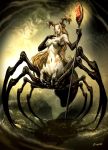  blonde_hair breasts copyright_request drider elbow_gloves genzoman gloves jewelry long_hair monster_girl mound_of_venus multiple_eyes necklace red_eyes skull smile solo spider_girl staff very_long_hair 