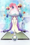  bare_shoulders barefoot bird dress fan hat ice long_hair looking_at_viewer original panties pantyshot pantyshot_(sitting) pantyshot_sitting paper_fan penguin purple_eyes purple_hair sitting smile solo spoon strap_slip underwear v_arms very_long_hair violet_eyes wariza wind_chime yurikuta_tsukumi 