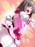  black_hair bow closed_eyes cosplay eyes_closed from_below gloves hazumi_miruku kaname_madoka kaname_madoka_(cosplay) mahou_shoujo_madoka_magica nichijou open_mouth shinonome_nano short_hair solo white_gloves winding_key 