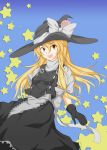  bangs blonde_hair blouse bow brown_eyes buckle buttons flower frills gloves hair_tubes hat highres kirisame_marisa long_hair looking_at_viewer mittens open_mouth rakutyan97 simple_background star touhou witch witch_hat 