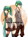  green_eyes green_hair hair_ribbon hatsune_miku hatsune_mikuo headphones highres locked_arms long_hair noka_(blackheart1118) ribbon skirt thigh-highs thighhighs twintails very_long_hair vocaloid 