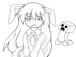  bunny_ears creeper d: hangaku highres keychain_(artist) lineart long_hair minecraft necktie open_mouth pickaxe reisen_udongein_inaba touhou transparent_background v_arms weapon 