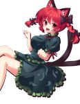  1girl :3 animal_ears bad_id bow braid cat_ears cat_tail dress extra_ears fang hair_bow highres kaenbyou_rin kuromari_(runia) multiple_tails open_mouth paw_pose red_eyes red_hair redhead simple_background solo tail touhou twin_braids twintails 