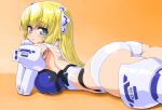  altrene ass blonde_hair blue_eyes breasts busou_shinki dd_(artist) doll_joints gradient gradient_background large_breasts light_smile long_hair looking_back lying on_stomach solo thighhighs 