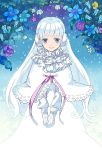 1girl blue_eyes capelet earmuffs eihi flower long_hair mittens original ribbon smile snow solo white_hair winter_clothes