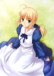  absurdres ahoge blonde_hair dress fate/stay_night fate/unlimited_codes fate_(series) grass green_eyes highres higurashi_ryuuji light_smile long_sleeves ponytail saber saber_lily solo type-moon 