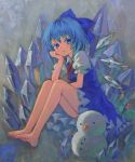  acrylic_paint_(medium) ama-tou bare_legs barefoot blue_dress blue_eyes blue_hair blush bow carrot chin_rest cirno crystal dress feet hair_bow hand_to_chin highres icicle short_hair sitting snowman solo toes touhou traditional_media wings 