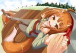  1girl apple carriage charm cloud depth_of_field down_blouse fang fisheye food fox_ears fox_tail fruit grass hand_holding happy holo horo horse murasaki_orange nature orange_(pixiv) outdoors pouch pov pov_eye_contact sky smile spice_and_wolf tail tree wolf_ears wolf_tail 