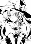  apron ascot blush braid bust face frills hanamo_daiou hat kirisame_marisa long_hair looking_at_viewer monochrome ribbon side_braid solo touhou v_arms witch witch_hat 