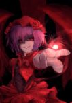  alternate_costume ascot bust dress energy_ball foreshortening grin hat highres kanchigai lavender_hair outstretched_arm red_eyes remilia_scarlet shaded_face short_hair slit_pupils smile solo touhou wings 