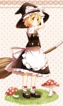  alternate_hairstyle apron black_dress blonde_hair blush colored dress hand_on_hat hat highres ibaba kirisame_marisa kohaku. mary_janes mushroom shoes short_hair solo standing touhou witch witch_hat wrist_cuffs 