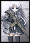  assault_rifle black_legwear blue_eyes bushmaster_acr gloves gun highres jacket jormungand koko_hekmatyar long_hair looking_at_viewer mittens open_mouth original rifle scan silver_hair skirt smile solo standing suzuri thigh-highs thighhighs trigger_discipline weapon windowboxed zettai_ryouiki zipper 