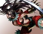  1girl black_hair breasts claws cleavage feathers highres mole purple_eyes solo soul_calibur soul_calibur_iv tira twintails wallpaper weapon 