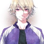  blonde_hair ivan_karelin jacket letterman_jacket male purple_eyes purple_jacket short_hair smile solo tears tiger_&amp;_bunny torico_sss violet_eyes 