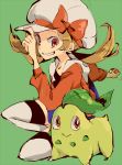  1girl bow brown_hair chikorita creature green grin hat hat_bow hat_ribbon holding holding_poke_ball kneeling kotone_(pokemon) looking_at_viewer poke_ball pokemon pokemon_(creature) pokemon_(game) pokemon_gsc pokemon_hgss red_eyes red_ribbon ribbon shinoasa simple_background smile solo thighhighs twintails white_legwear 