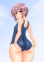  adjusting adjusting_swimsuit ass blush highres nagato_yuki one-piece_swimsuit plump purple_hair school_swimsuit short_hair suzumiya_haruhi_no_yuuutsu swimsuit yellow_eyes yukirin_(nagatoyuki_ibukifuko) 