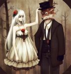  albino bare_shoulders black_gloves buttons crest dress flower forest formal furry gloves gothic gothic_lolita hachiyuki hair_flower hair_ornament hand_on_hat hat jewelry lace lolita_fashion long_hair nature necktie original pale_skin pants pocket_watch red_eyes red_rose ribbon ring rose sepia smile standing suit top_hat white_hair wolf yellow_eyes 