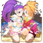  ao_yasai blush bow brooch brown_eyes brown_hair cure_bloom cure_egret dress earrings futari_wa_precure_splash_star gloves hair_ribbon hairband hand_holding heart holding_hands hyuuga_saki jewelry kneeling long_hair magical_girl mishou_mai multiple_girls ponytail precure purple_eyes purple_hair ribbon shorts_under_skirt smile submerged violet_eyes water wink 