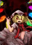  alternate_costume angry blonde_hair bow bowtie colored_eyelashes dress eyelashes fangs fingernails flandre_scarlet hand_raised hat highres kanchigai long_fingernails midriff nail_polish navel open_mouth raised_hand red_eyes red_sky short_hair short_sleeves silhouette sky solo the_embodiment_of_scarlet_devil touhou wings 