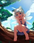  bare_legs barefoot blue_eyes blue_hair bow cirno feet hair_bow ice ice_wings in_tree nature niiya open_mouth short_hair sitting sitting_in_tree solo toes touhou tree wings 