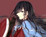  1boy androgynous black_hair blue_eyes earrings highres izumi-no-kami_kanesada japanese_clothes jewelry kurose_natsu long_hair sleeves_past_wrists solo touken_ranbu 