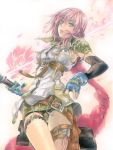  blue_eyes elbow_gloves final_fantasy final_fantasy_xiii fingerless_gloves flower gloves issun_boushi lightning_farron lips looking_at_viewer pink_hair scarf solo sword thigh_gap thigh_strap thighs weapon 