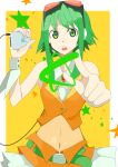  belt digital_media_player earphones goggles goggles_on_head green_eyes green_hair gumi navel open_mouth perspective short_hair skirt solo star supi_(pixiv) vocaloid 