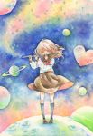  bangs blonde_hair closed_eyes eyes_closed flute heart iinuma_chika instrument moon original planet saturn school_uniform smile solo traditional_media watercolor_(medium) 