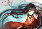  1boy asoneko black_hair blue_eyes highres izumi-no-kami_kanesada katana long_hair solo sword touken_ranbu very_long_hair weapon 