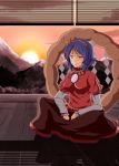 blinds blue_hair breasts frown hair_ornament highres large_breasts leaf long_skirt mirror mountain nogisaka_kushio nogizaka_kushio orange_eyes rope shadow shide shimenawa sitting skirt solo sun sunset taut_shirt touhou yasaka_kanako