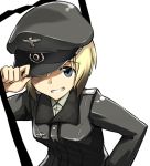  blonde_hair erica_hartmann grin hand_on_hat hat hat_tip multicolored_hair peaked_cap sandwich_(artist) short_hair smile solo strike_witches two-tone_hair 