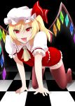  all_fours ascot blonde_hair brown_legwear flandre_scarlet mattari_yufi naughty_face red_eyes shirt side_ponytail skirt skirt_set slit_pupils smirk solo the_embodiment_of_scarlet_devil thigh-highs thighhighs tile_floor tiles tongue tongue_out touhou wings zettai_ryouiki 
