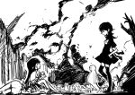  2girls blood chaos child corpse death destruction hand_on_hip highres houjuu_nue monochrome monster multiple_girls profile shimadoriru sitting skeleton skirt skull smoke thighhighs touhou youkai 