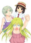  2girls androgynous angela_burton blonde_hair blue_eyes blush breasts brown_eyes brown_hair cleavage down_blouse flat_chest genshiken green_eyes green_hair hat hato_kenjirou large_breasts long_hair multiple_girls necktie shirt short_hair smile susanna_hopkins tamaki_tada trap 