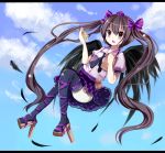  black_legwear brown_eyes brown_hair brown_legwear checkered checkered_skirt feathers flying geta hat himekaidou_hatate letterboxed long_hair open_mouth skirt solo thighhighs tikuwakure tokin_hat touhou twintails uiroutsuji_yumihiko very_long_hair wings 