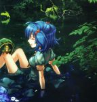  an2a arm_support blue_hair closed_eyes eyes_closed frog hat hat_removed headwear_removed highres kawashiro_nitori leaf nature profile reflection scan short_hair sitting smile solo touhou tree twintails water wet wet_clothes 